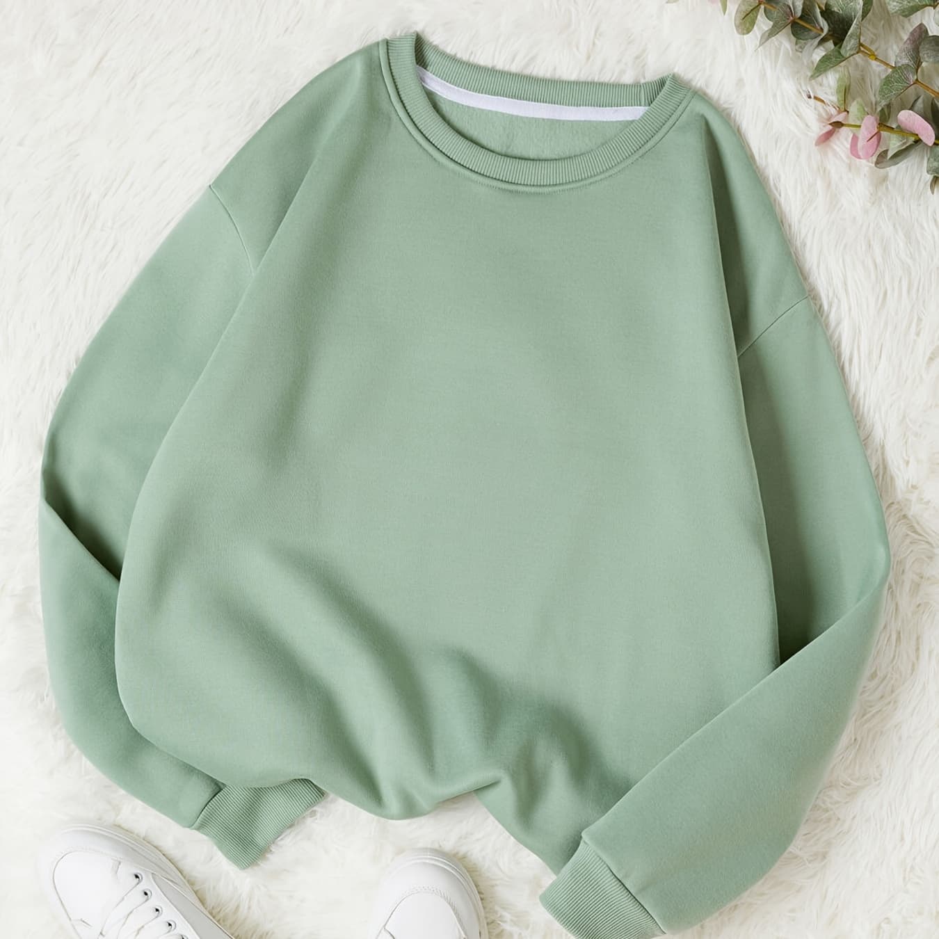 Sweat-shirt décontracté à manches longues bleu clair pour femme - Col rond doux, poignets côtelés, vêtements confortables pour l'automne/hiver, parfait pour une tenue décontractée, vêtements confortables | Sweat-shirt à col rond | Construction, sweat-shirt à capuche - Image 1