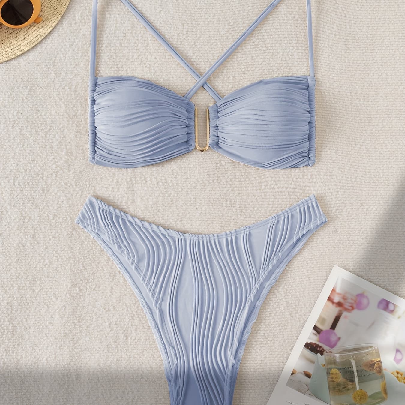 ZAFUL Light Blue Ribbed Bikini Set - U-Neck Metal Cross Strap Swimsuit for Women, Perfect for Summer Swimming, Beach & Pool Wear, Beach Swimsuit|Ribbed Texture|Stretchy Fabric - Image 1
