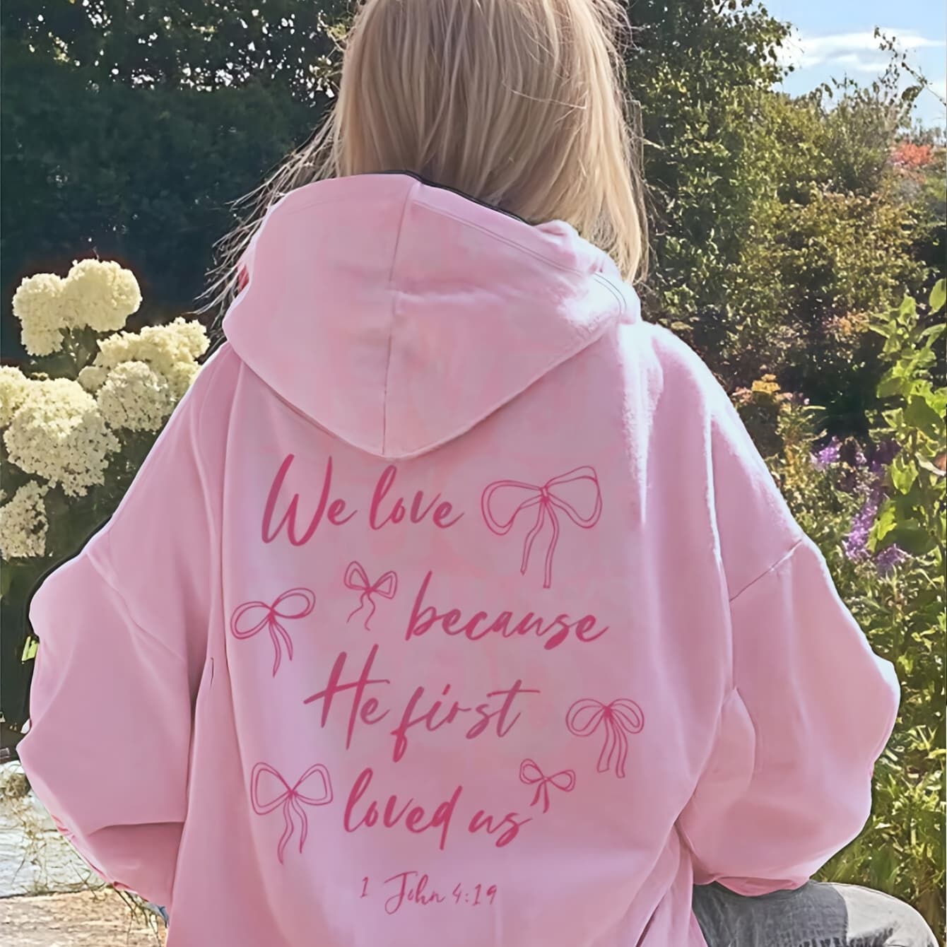 Women's Fleece-Lined Hooded Sweatshirt - Soft Pink Sporty Pullover with Inspirational Bible Verse & Bow Print, Cozy Winter Warmth, Machine Washable Casual Faith-Based Apparel, Autumn Casualwear, Feminine Sporty Style, Ribbed Cuffs Design - Image 1
