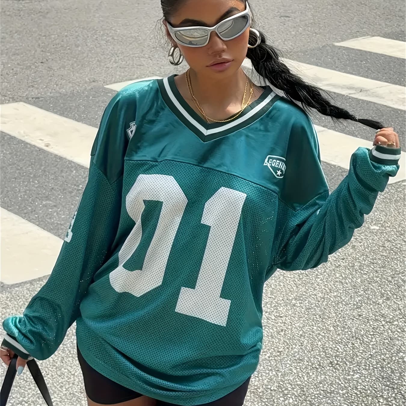 Women's Casual Football Jersey T-Shirt with Bold '11' Number & Letter Print, Teal & White Pop Art Design, Breathable Fabric for Back-to, s & Casual Attire - Machine Washable, Seasonal Fashion, y Style, Lightweight Material, Top, Fashion Lovers, Back to Outfit, Comfortable Fit, Printed Tee, Lifestyle - Image 1