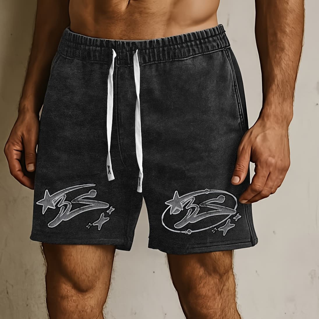 Men'S Vintage Washed Black Half-Length Pants with Star & Geometric Print - Loose Fit Casual Streetwear, Elastic Drawstring Waist, White Socks & Sneakers for Spring Summer Casual Attire, Everyday Comfort, Relaxed Fit Shorts, Durable Fabric Shorts - Image 1