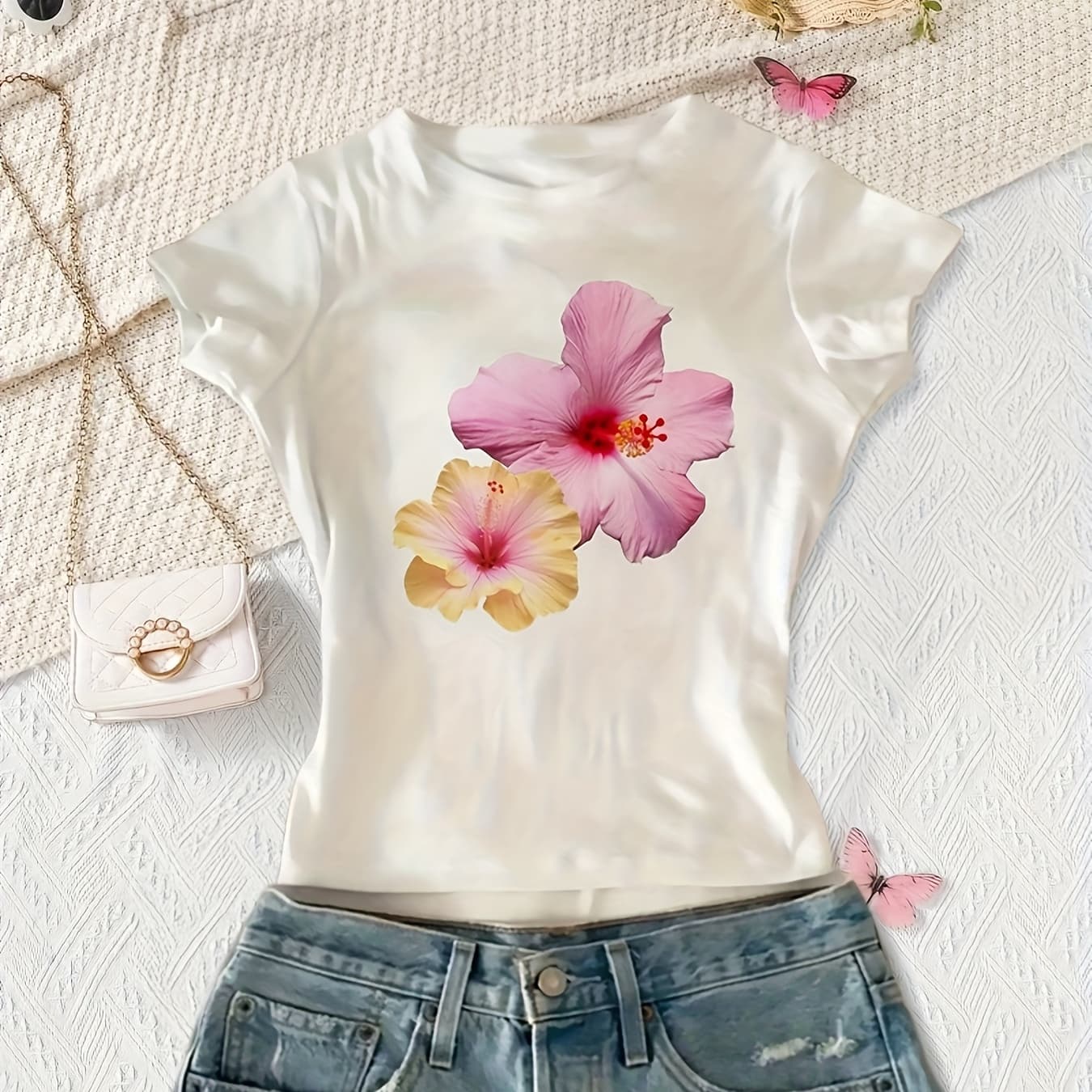 Girls' Vibrant Floral Print Short Sleeve Crop Top - Lightweight Breathable Stretch Fabric, White with Pink & Yellow Hibiscus Flowers, Perfect for Spring/Summer Travel, Casual Outdoor Play, Machine Washable, Ideal Birthday or Back-to-School Gift, Spring Summer Apparel | Floral Print Crop Top | Comfortable Fit, Girls Crop Tops - Image 1