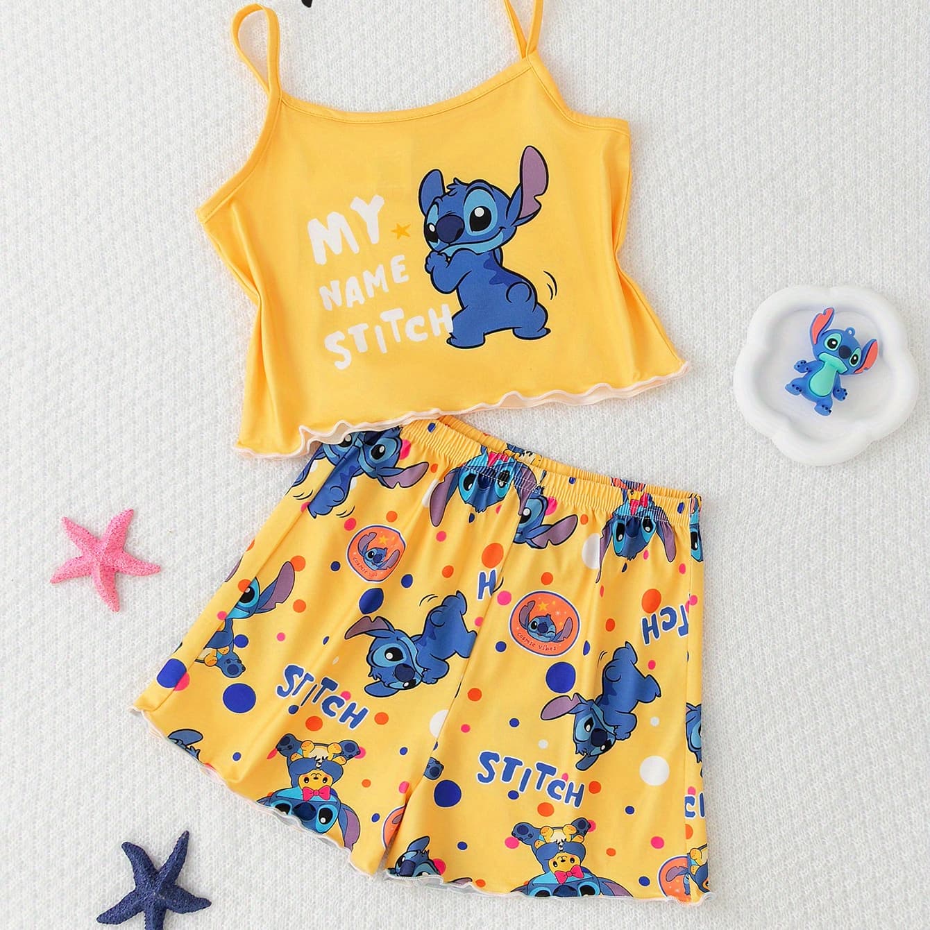 Flame Resistant Stitch Pajama Set for Girls 5-12 Disney Licensed Cute Sleeveless Sleepwear Shorts Home Clothes - Image 1