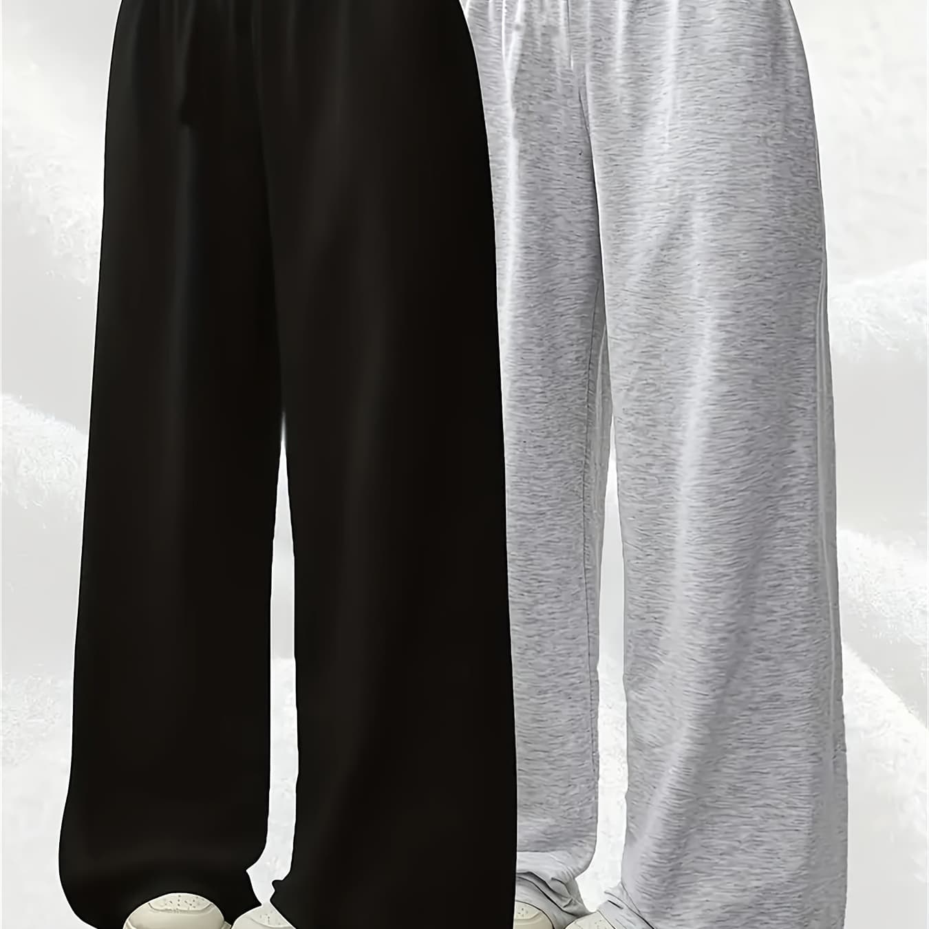 Girls' Casual Sports Pants - Elastic Waistband, All-Season Comfortable Polyester Knit Fabric / Leisure Wear/Polyester Material - Loose Leg Design with Drawstring for Breathability and Flexibility in Black & Light Grey Suitable for Exercise, Daily Outfits or Layerings Machine Wash Zipperless No-Fold Teenager's Specialty, Perfect for, for Teenager - Image 1