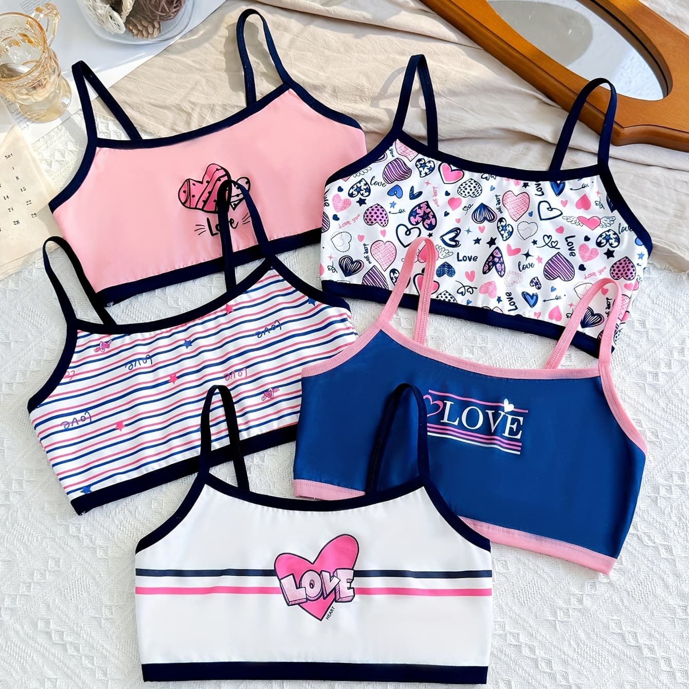 5pcs Strawberry & Heart Print Bras - Breathable, Seamless, Cute Cartoon Designs in Pink, Blue, White, & Striped Patterns - Perfect Holiday Gift for Youngsters, Holiday Gift Idea | Playful Bra Set | Seamless Construction - Image 1