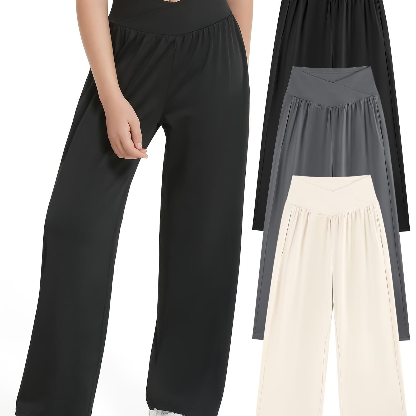 EXARUS 3-pack Girls' Flat Waist Straight Pants, Leggings, Light And Breathable Wide-leg Pants, Solid Color Pocket Casual Pants, 6-14 Years Old, Perfect for Outdoor - Image 1