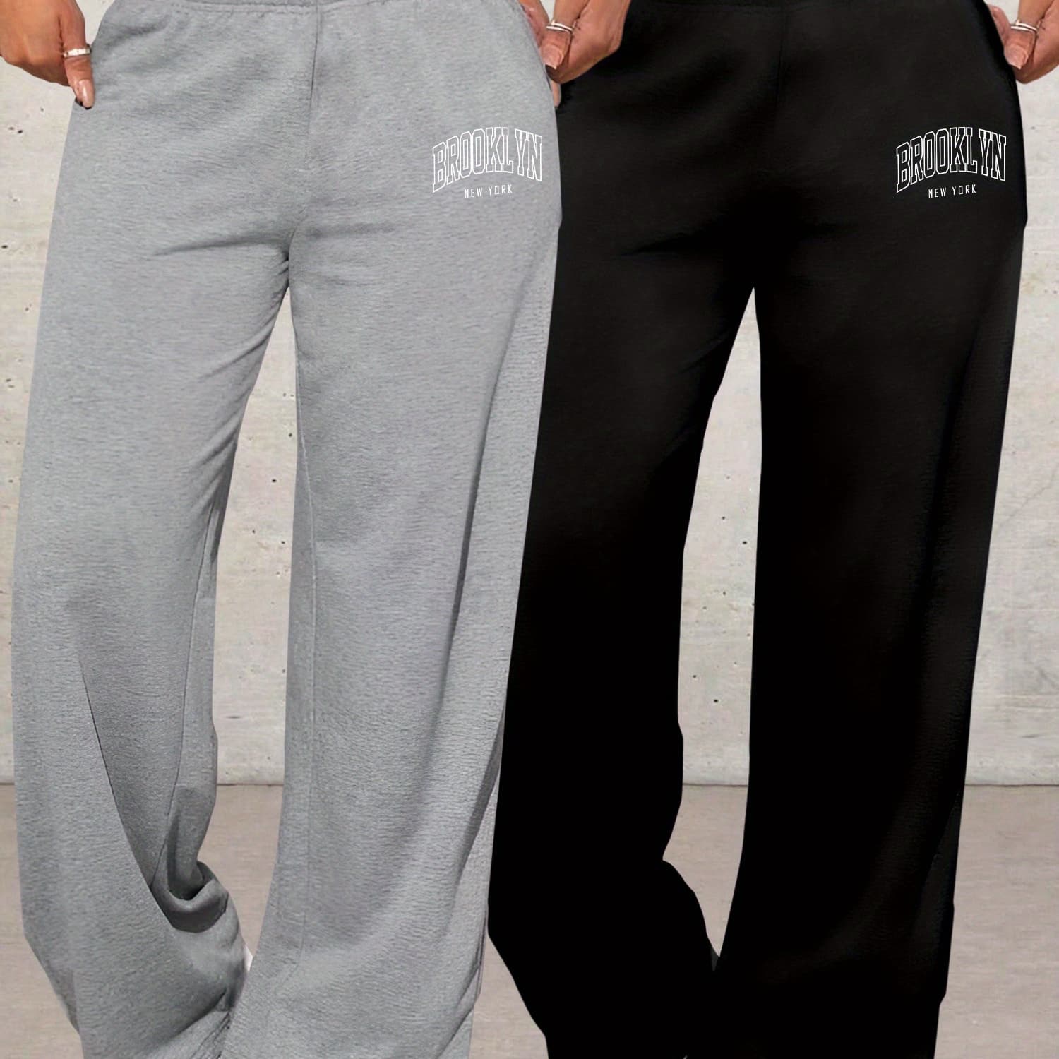 2pcs Women'S Letter BROOKLYN Print High Waist Wide Leg Loose Pocket Casual Jeans Pants - Image 1