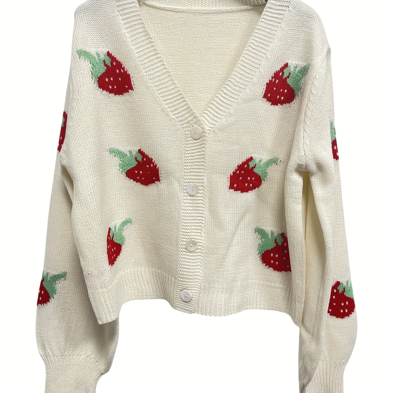 Cute Strawberry Print Cardigan, Long Sleeve Casual Crop Cardigan - Women's Clothing - Stylish & Trendy - Perfect for Fall & Winter - Ideal Gift for Fashionable Women - Image 1