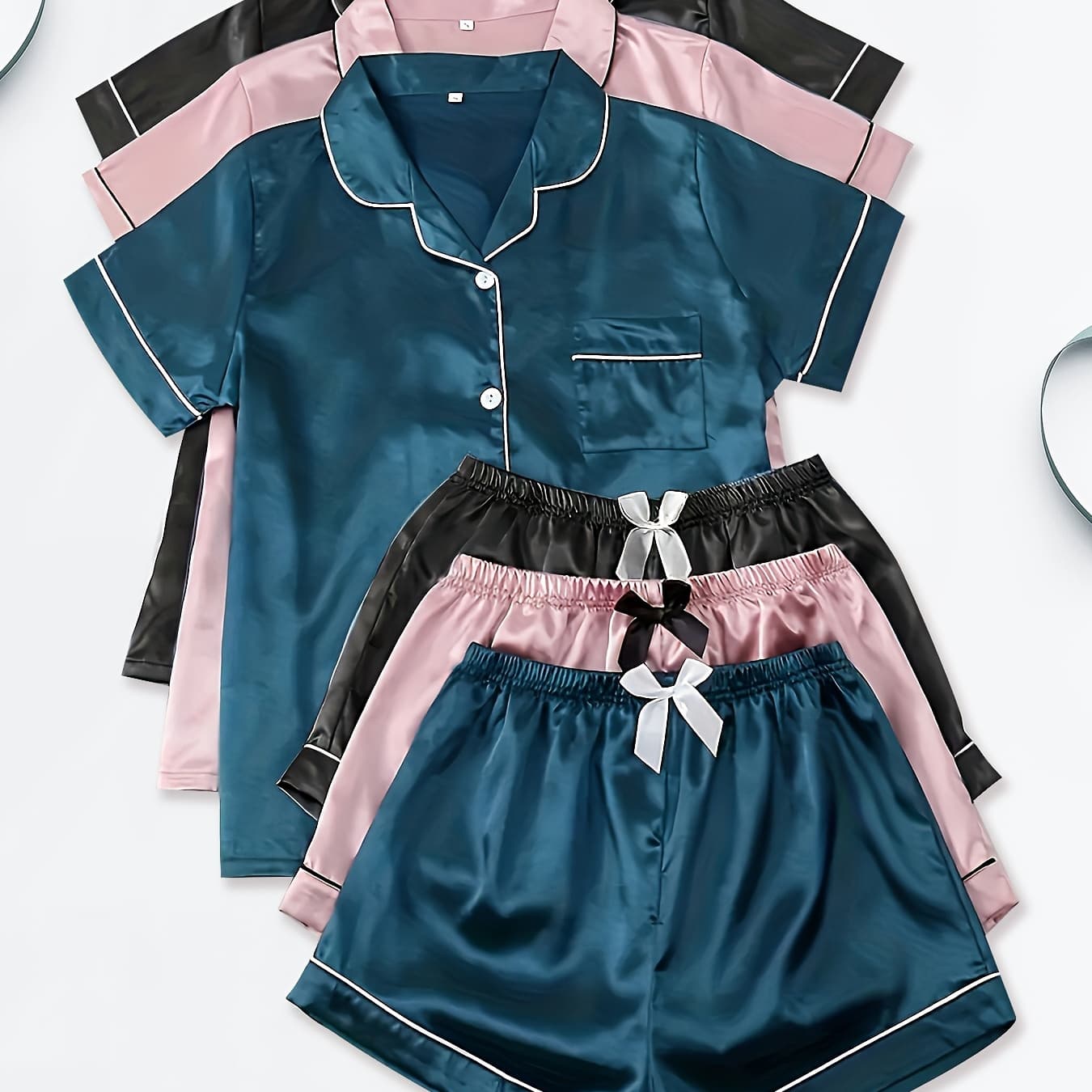 3 Satin Pajama Sets. Short-sleeved Lapel Top And Elastic Waistband Shorts, Women'S Pajamas And Loungewear - Image 1