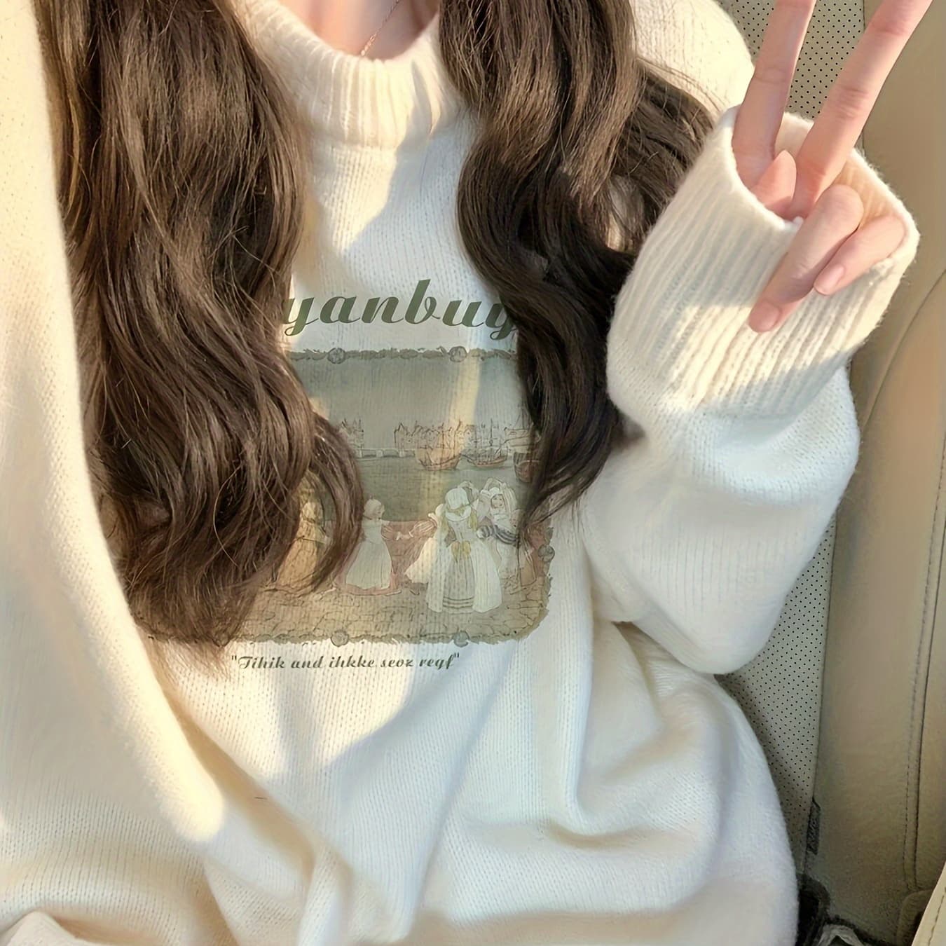 Cute Cartoon Print Long Sleeve Sweater - Chic Round Neck Knit Pullover for Women - Casual, Spring/Fall, Winter - Image 1