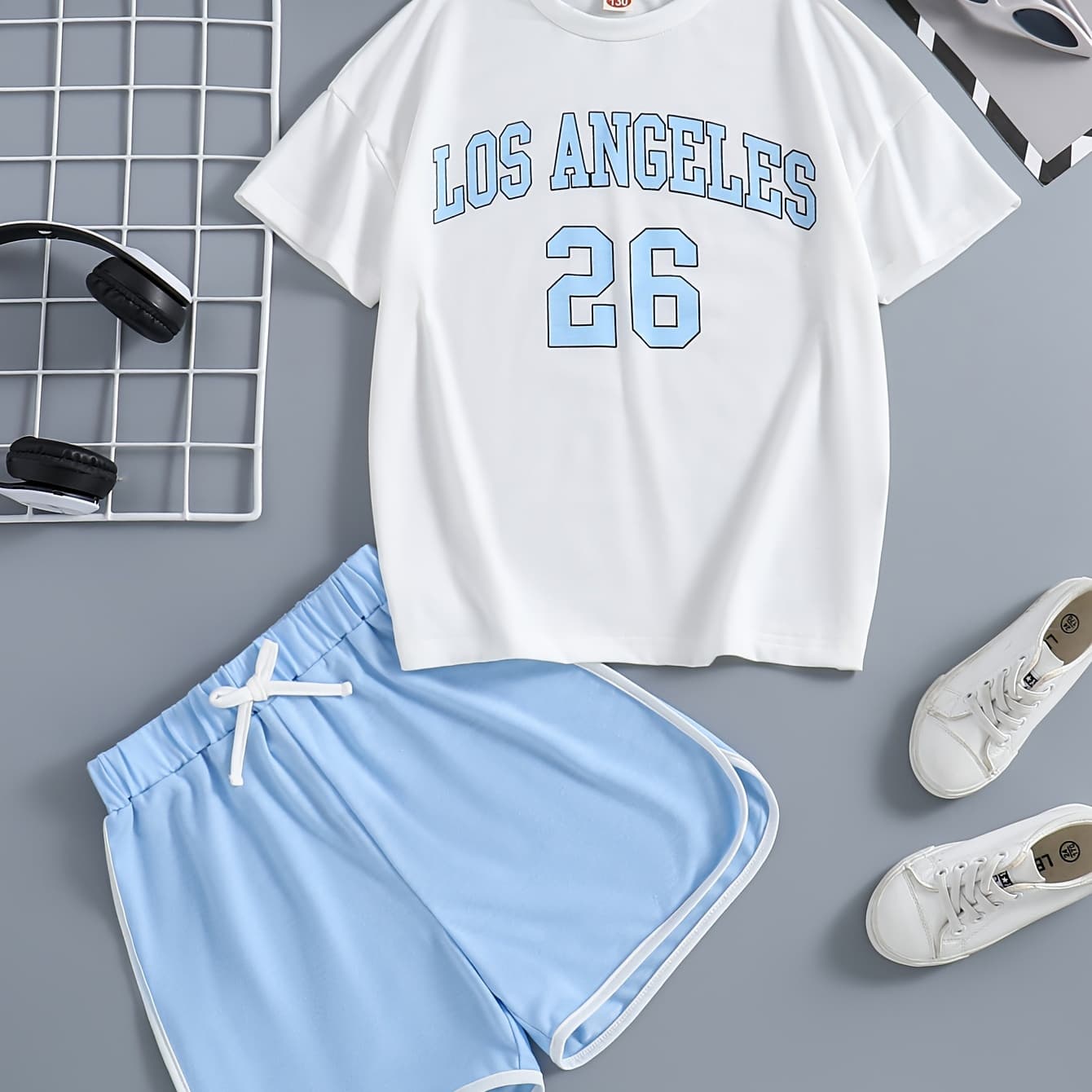 Summer Casual Outing Round Neck Short Sleeve Printed Letter Pattern Top and Bow Decorated Shorts Girls' Two-Piece Set, Perfect for Outdoor - Image 1