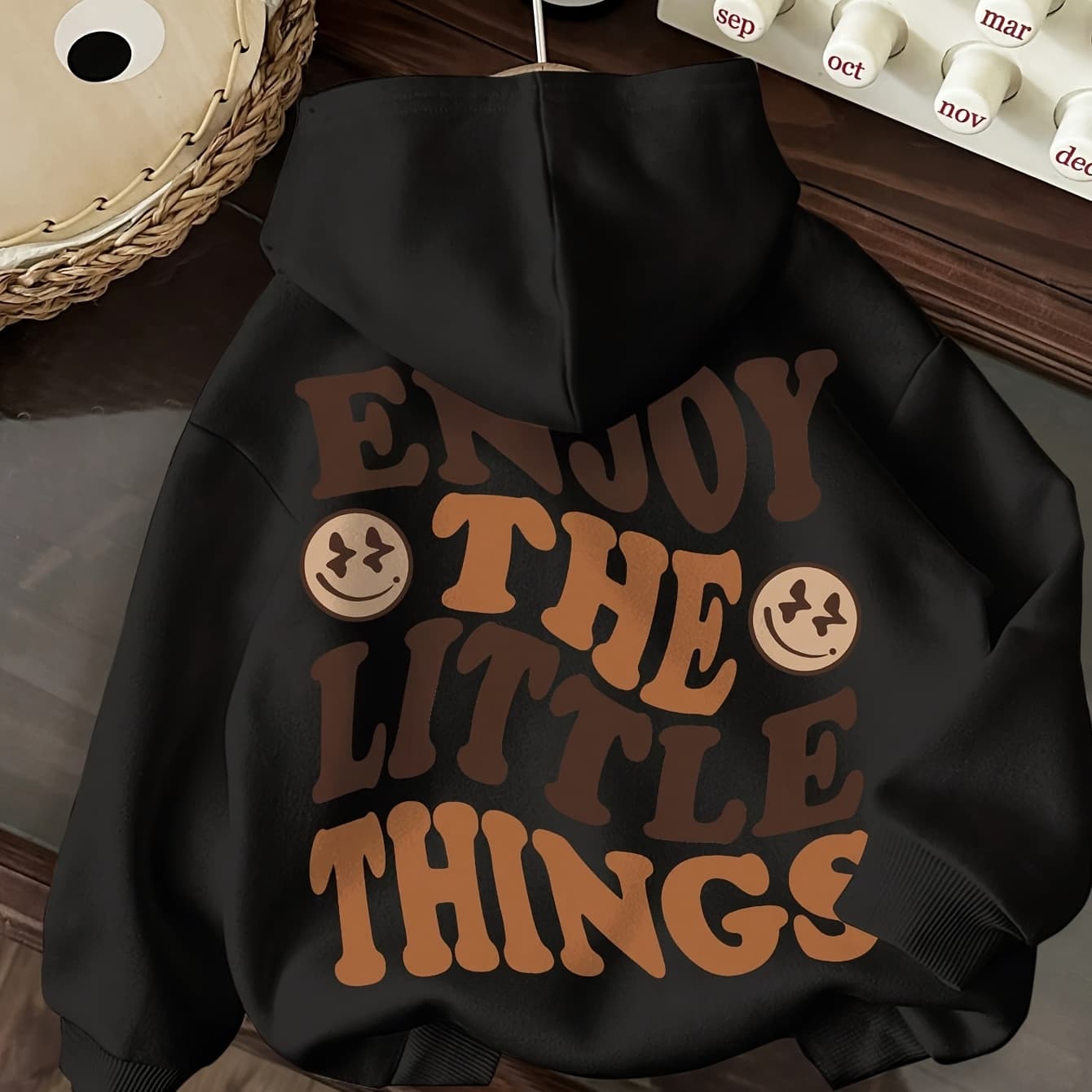Women's Casual Hooded Sweatshirt with "Enjoy The Little Things" Back Print - 100% Polyester, Stretchy Winter Warmth, Drawstring Hood & Machine Washable, Black with Brown Lettering - Image 1
