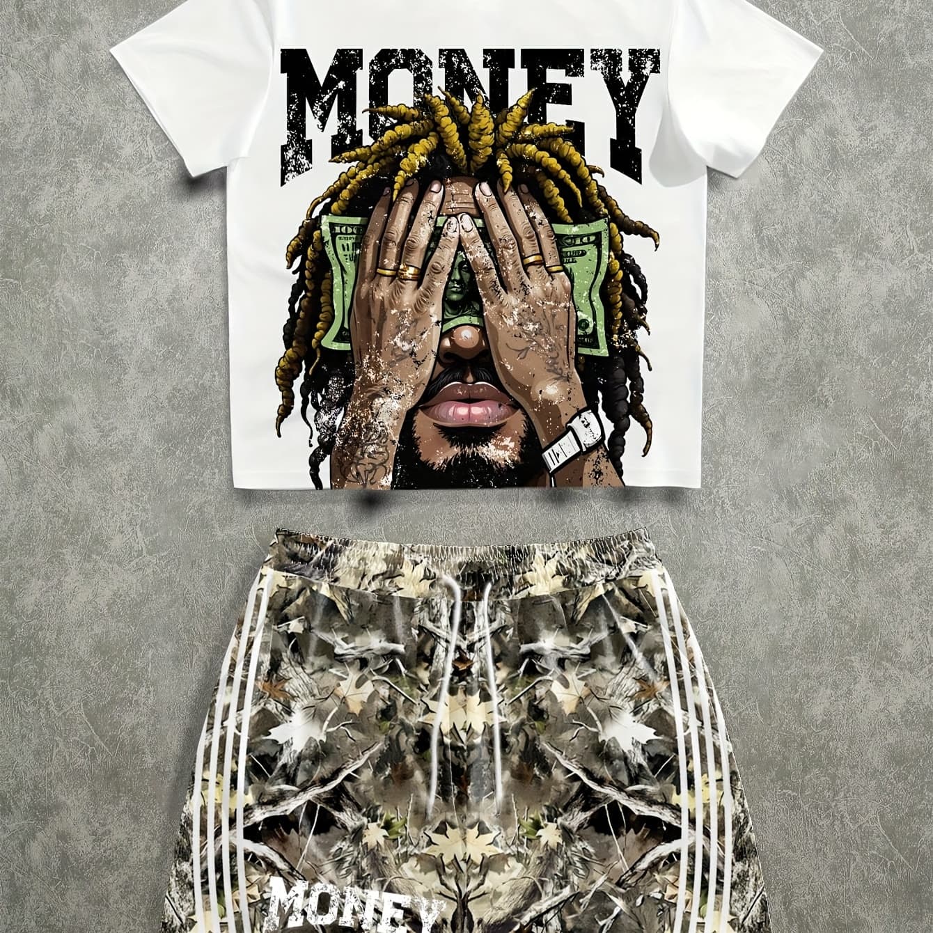 Men'S Summer Streetwear Money Graphic T-Shirt & Camo Print Jogger Shorts Set - "MONEY" Design with Dollar Bills, Black Tee & Brown/White/Black Shorts, Breathable Polyester Blend for Casual Wear, Streetwear Clothing | Moneythemed Apparel | Comfortable Fit - Image 1