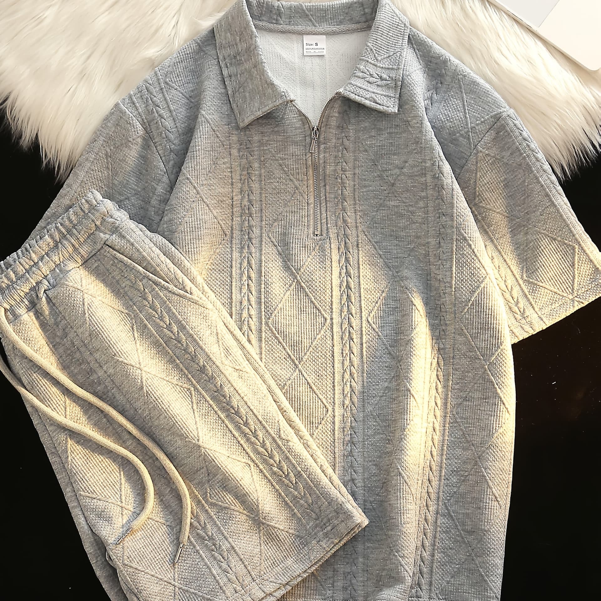 Retro Style 2pcs Men's Casual Summer Outfit Suits, Geometric Pattern Design Short Sleeve Lapel Shirt Top And Shorts Suit - Image 1