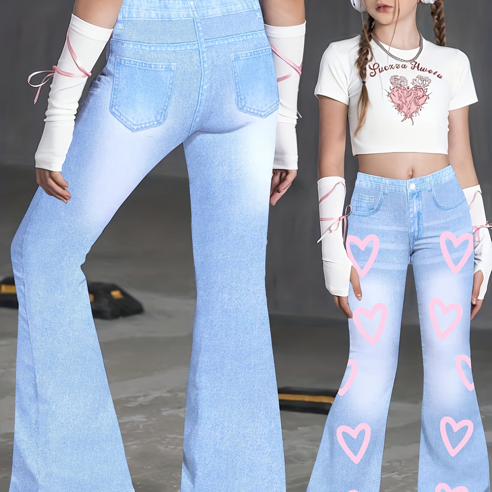 Y2K Imitation Denim Print Girl Flare Pants, Perfect for Outdoor - Image 1