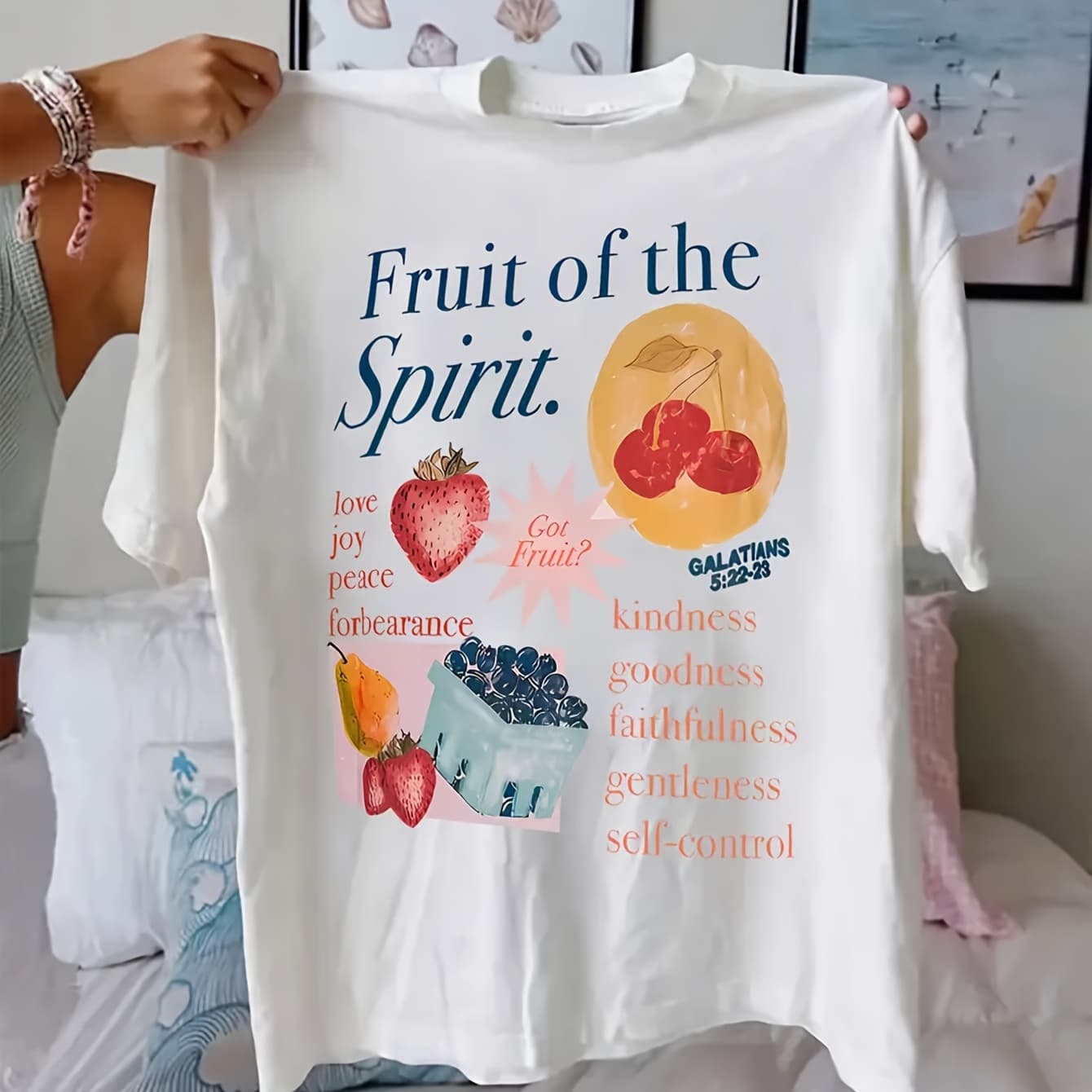 Women's Fruit of the Spirit Print T-Shirt - Inspirational Christian Apparel with Vibrant Fruit Illustrations & Virtues, Soft Round Neck Short Sleeve Casual Tee, Machine Washable All-Season Comfort Fit, Religious Inspiration Shirt, Playful Design Top, Durable Fabric Shirt - Image 1