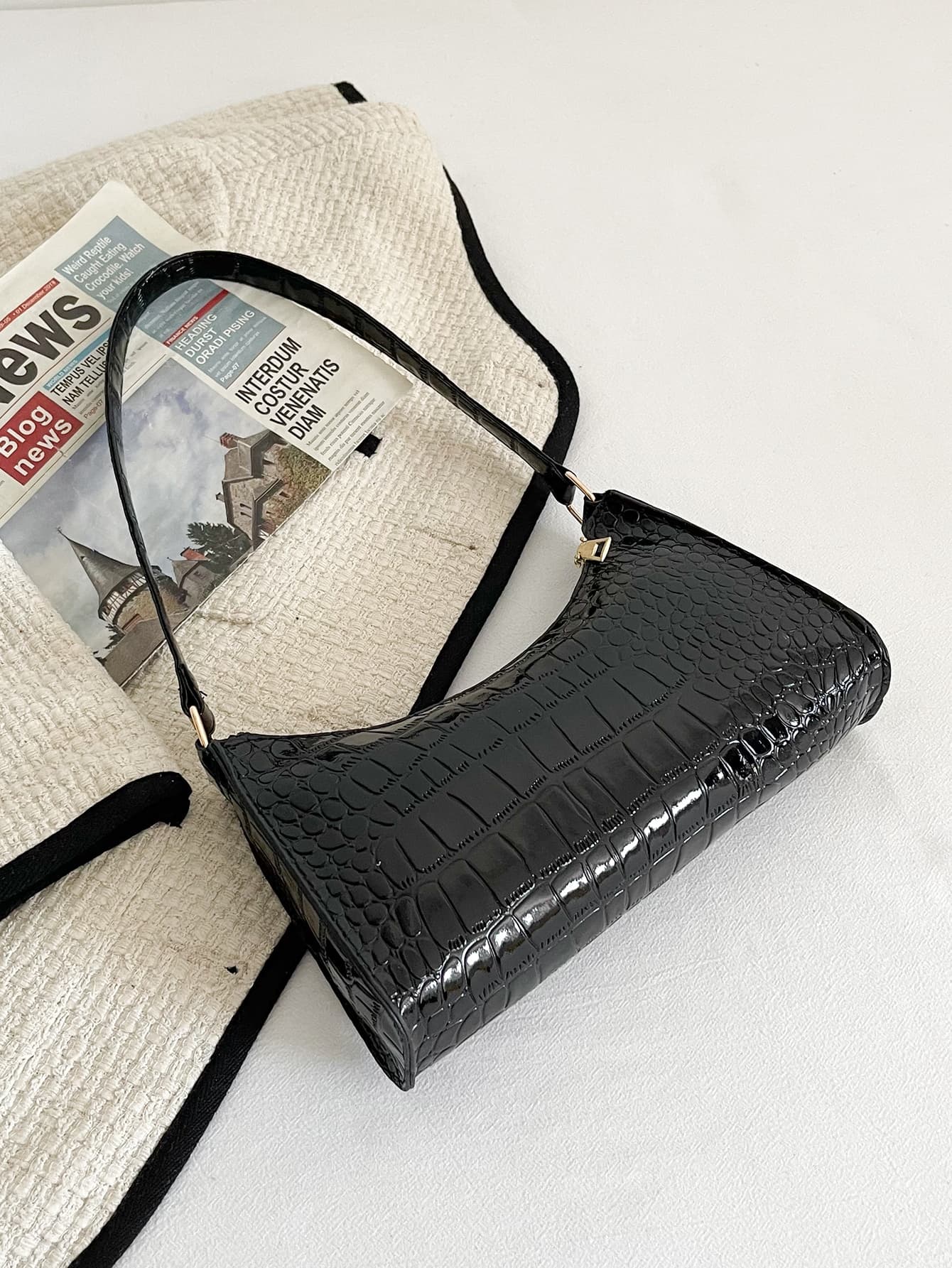 Trendy Glossy Bag Candy Color Shoulder Bag Women's Zipper Underarm Purse Large Capacity,Waterproof,Lightweight,Business Casual Minimalist Crocodile Embossed Bag For Teen Girls Women College Students,Rookies & White-Collar Workers Perfect For Office,College,Work ,Business,Commute,Outdoors, Travel, Outings - Image 1