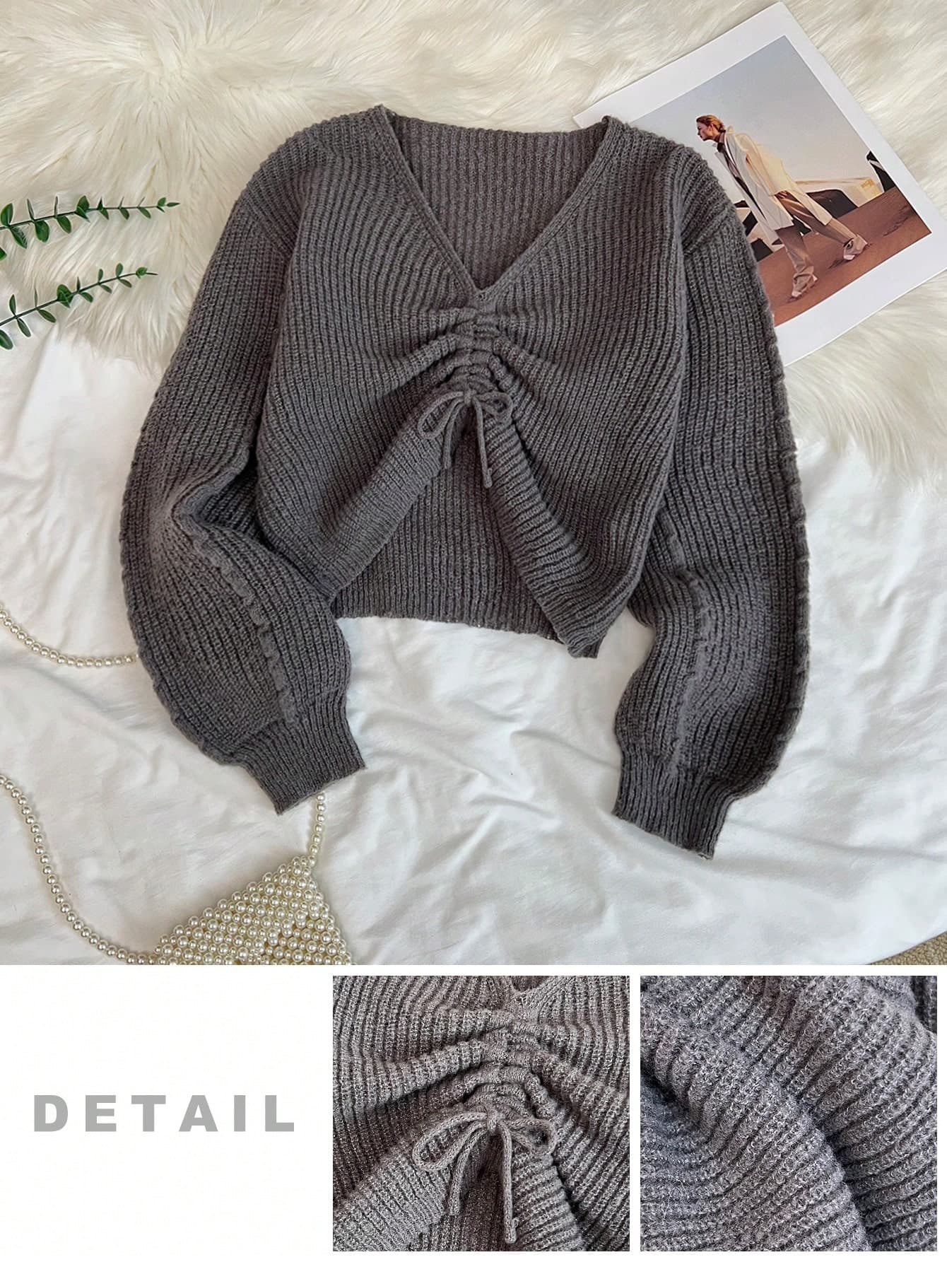 Tween Girl Oversized Casual Chic Ruched Cropped Pullover Sweater, Long Sleeve - Image 1