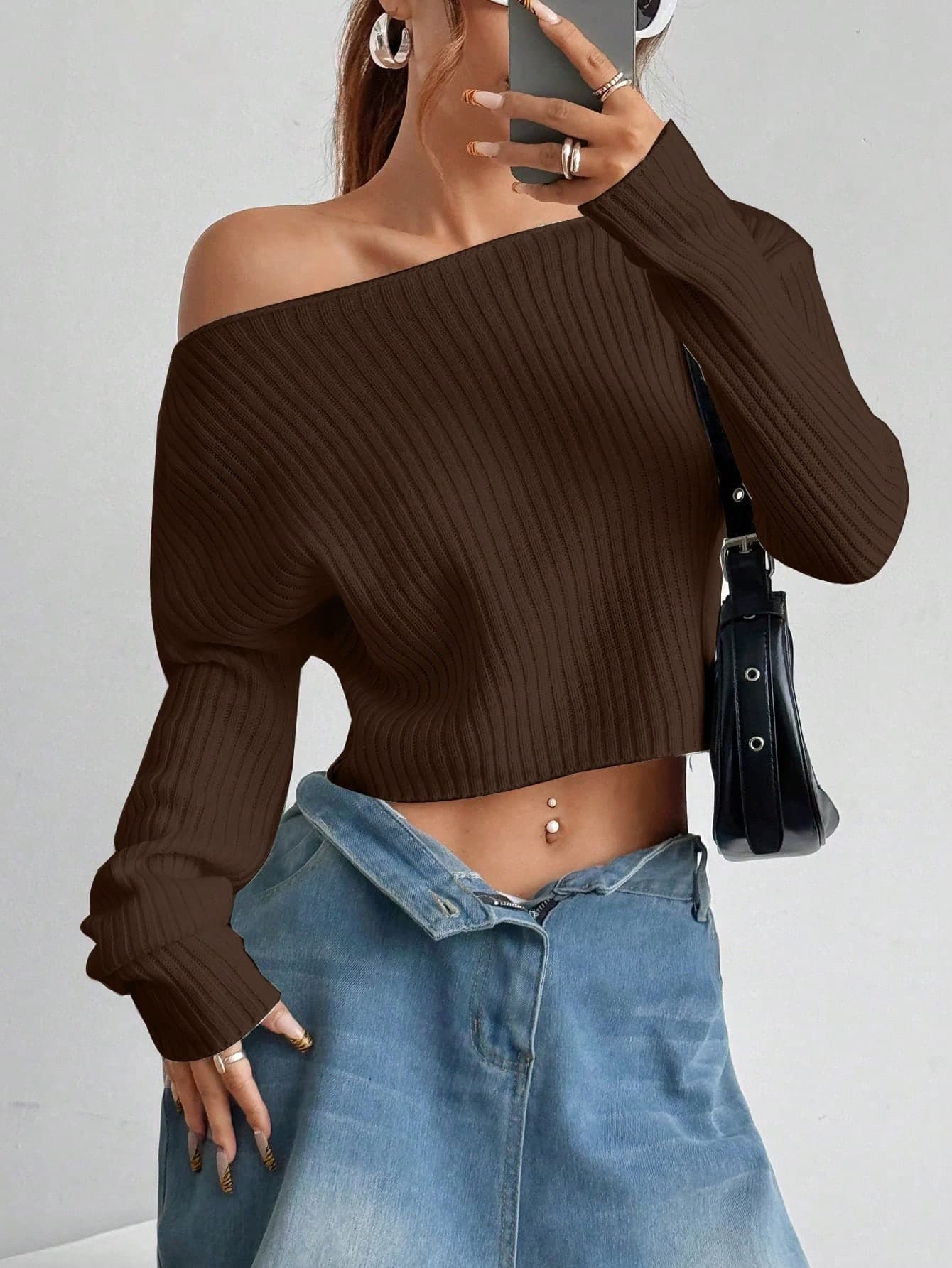 SHEIN MOOSTA Women Off Shoulder Solid Color Long Sleeve Sweater, Minimalist Fashion Casual Everyday Wear - Image 1