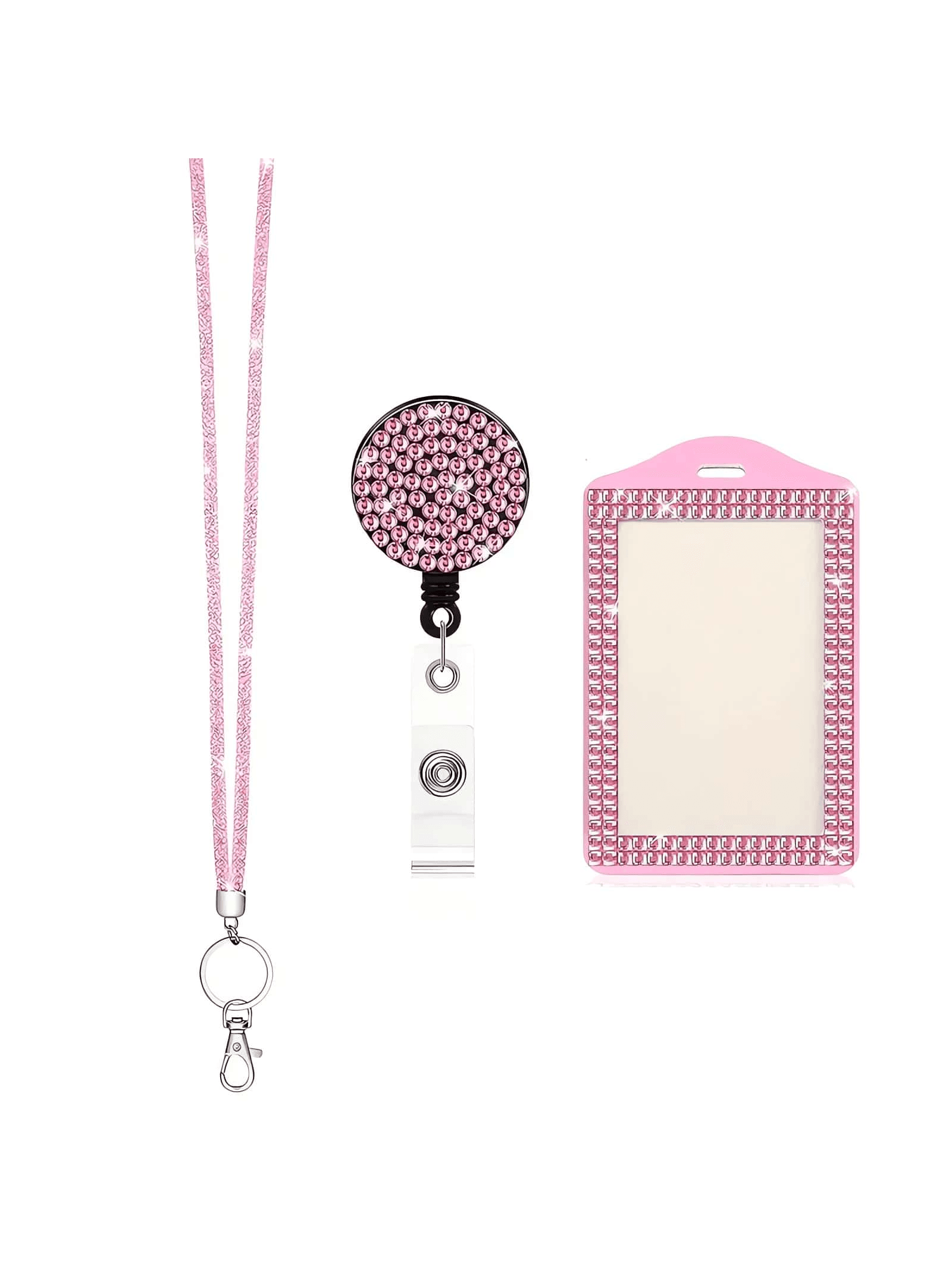 Diamante Sparkling Lanyard With ID Badge Clip, Retractable Crystal Rhinestone ID Card Holder, Women's Fashionable Key Ring, ID Card Sleeve For Students/Office Workers - Image 1