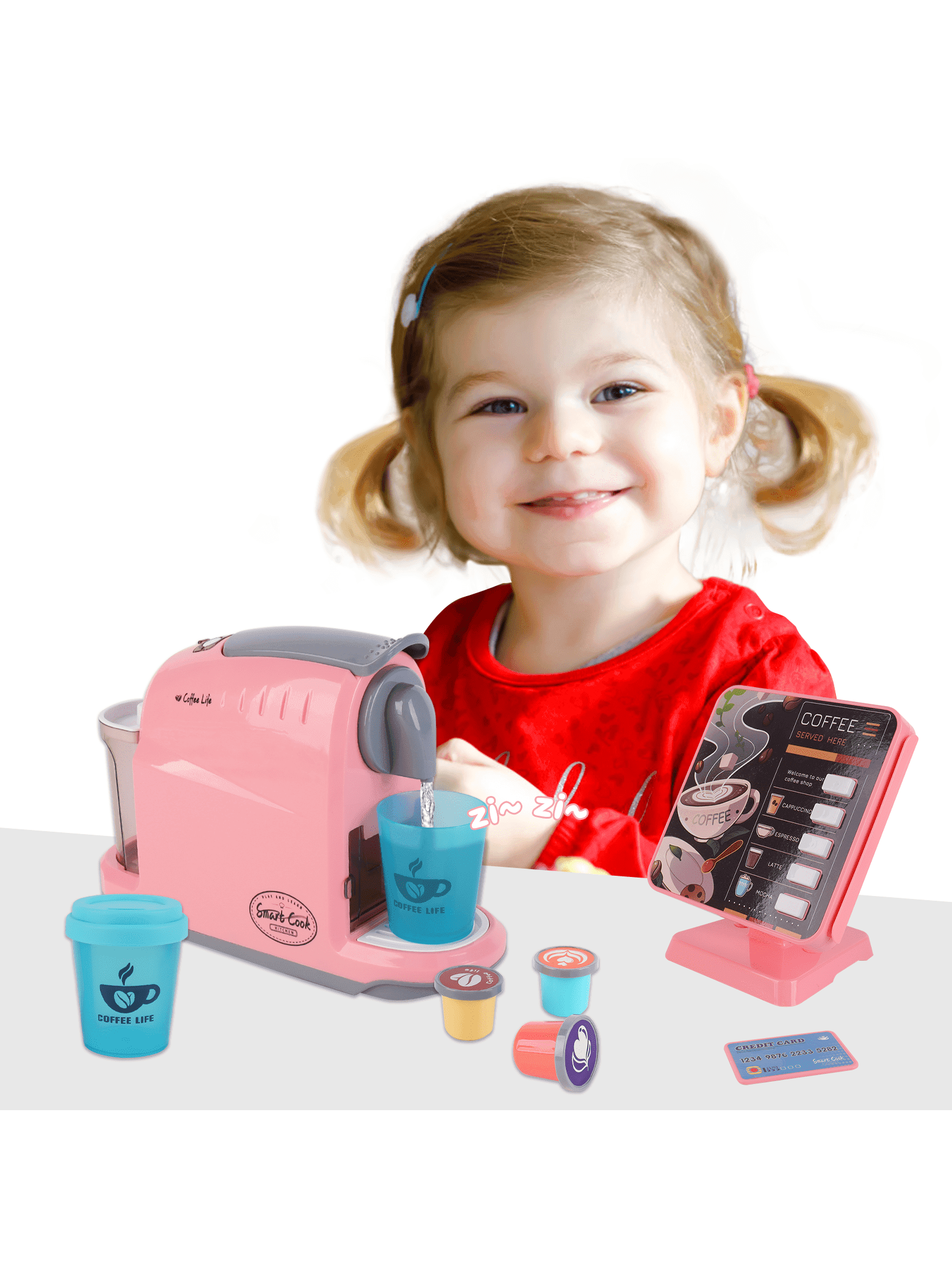 Pretend Play Coffee Machine Toy For Kids, Play Store With Cash Register Toy And Toys Coffee Shop Coffee Set With Biscuits And Plates Play Food Toys Gift For Boys Girls - Image 1