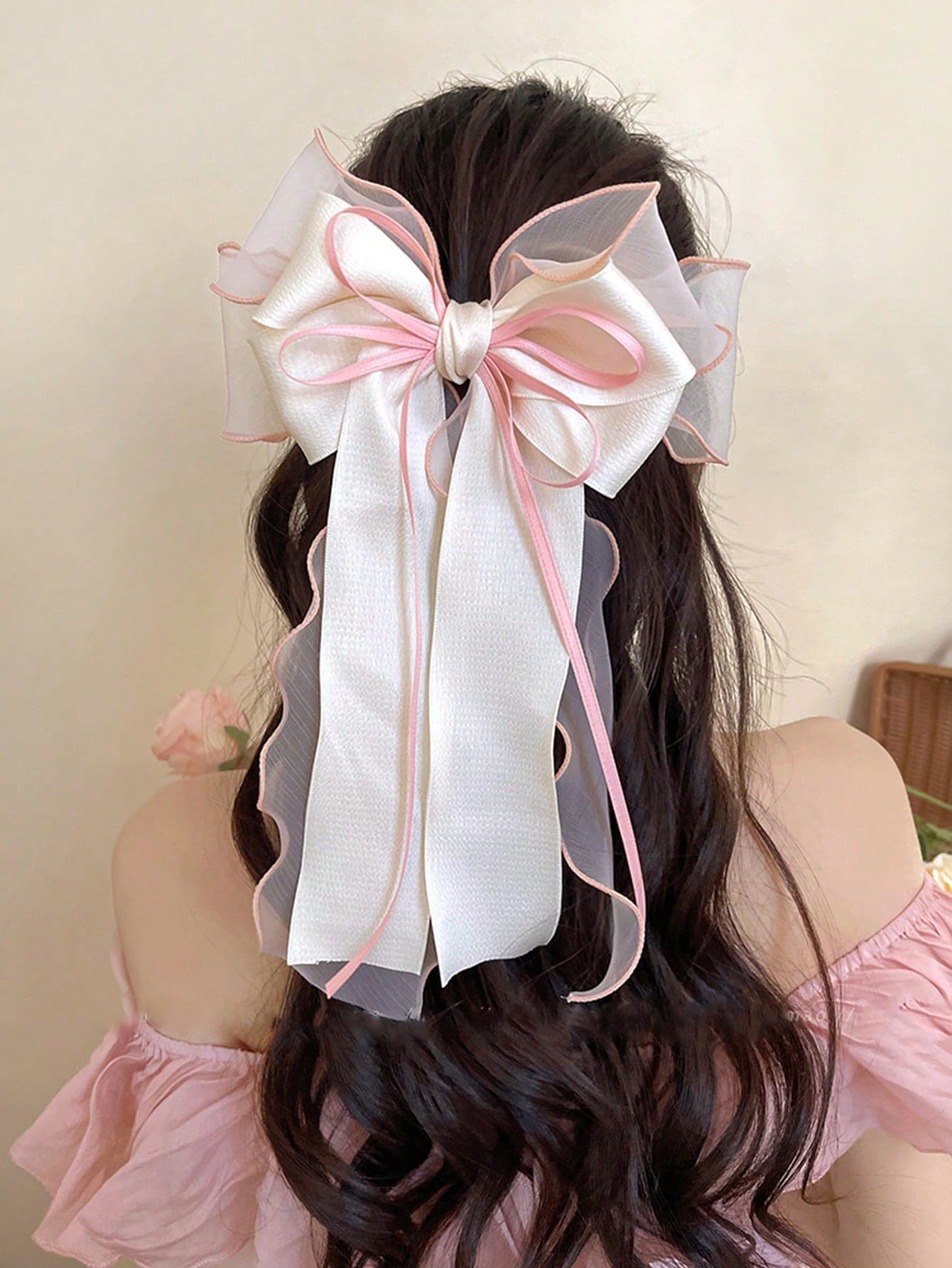 1pc Sweet & Elegant Extra-Large Mesh Bowknot Long Ribbon Hair Clip, Pink Halloween,Pink Accessories - Image 1