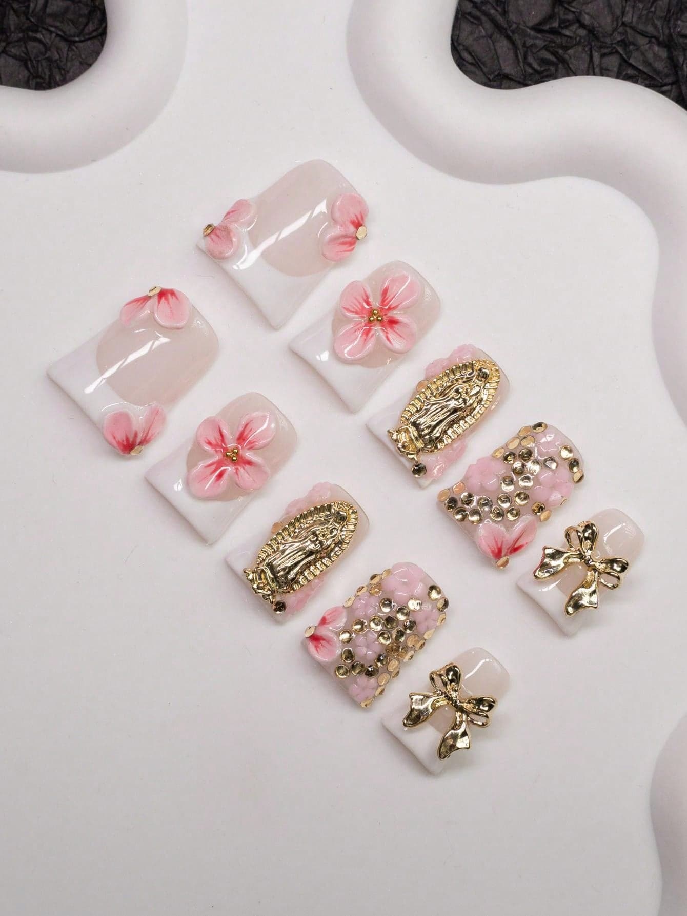 Handmade Duck-Billed Acrylic Nail Tips, Y2K Girly Style, Nude & White French Tip With Handcrafted Floral Design, Metal Bow & Virgin Mary Charm Decor, Suitable For Women & Girls, Party/Daily Wear, 10pcs/Set, 3 Sizes, Includes Tools, Can Be Given As Gift (Nail Accessories Color Random) - Image 1