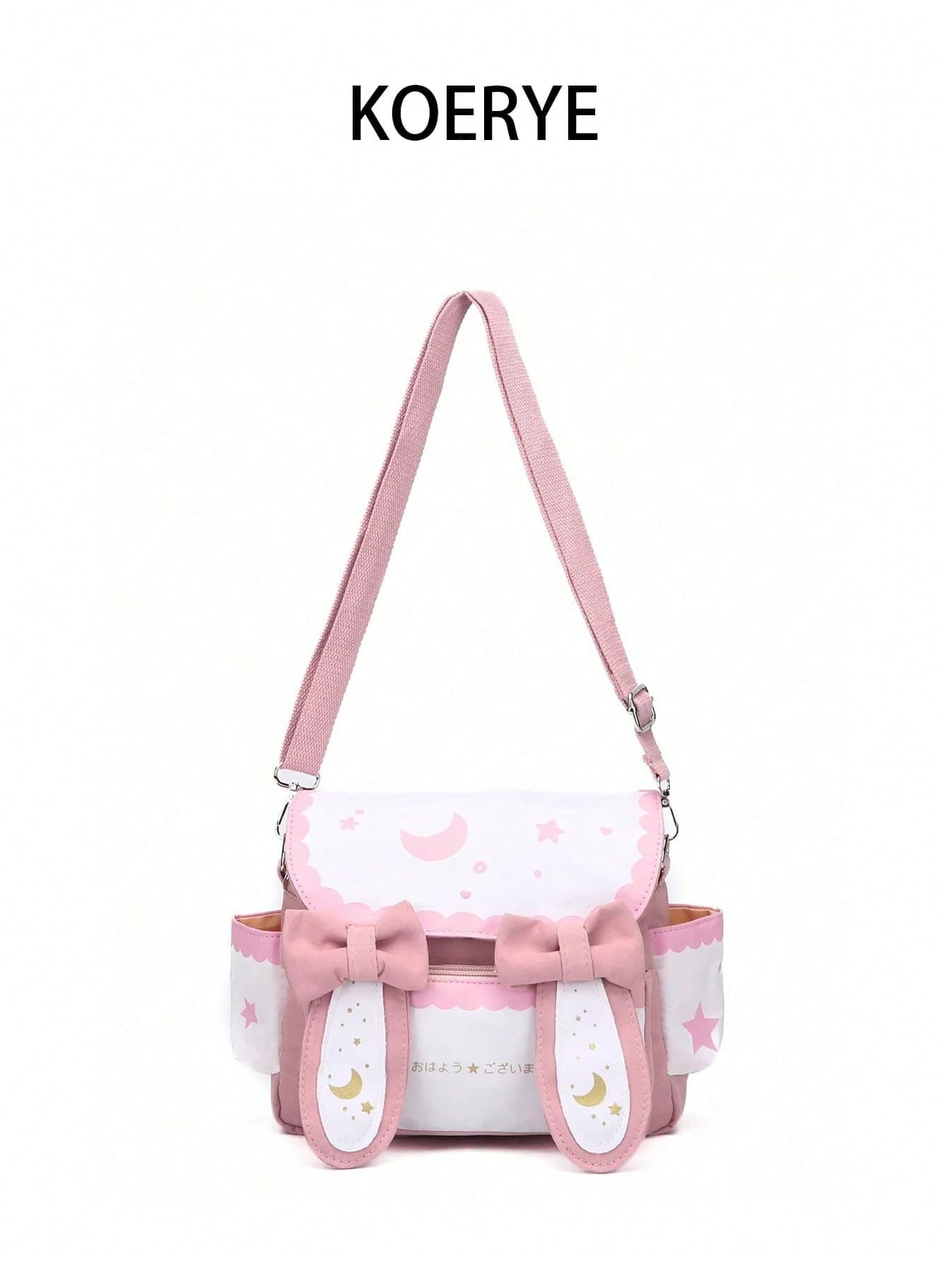 1pc Cute Cartoon Rabbit Ear Bow Floral Crescent Moon Print Crossbody/Shoulder Bag, Suitable For Women/Girls, For Daily Commute, Shopping, Dating - Image 1