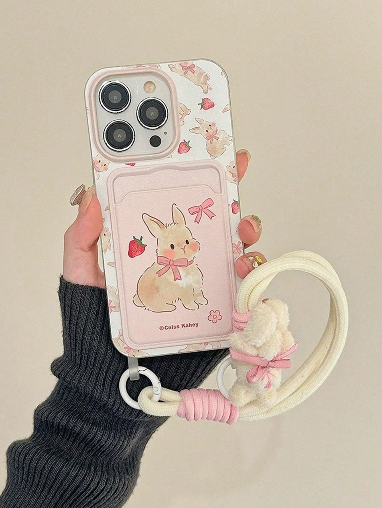 Pink Strawberry, Lovely Bow Bunny Design Card Case With Lanyard Compatible With Iphone 16 Pro Max / IPhone 14, New Version Compatible With Iphone 12, 15, 14 Pro, 13 Pro Max, Shockproof Phone Case - Image 1