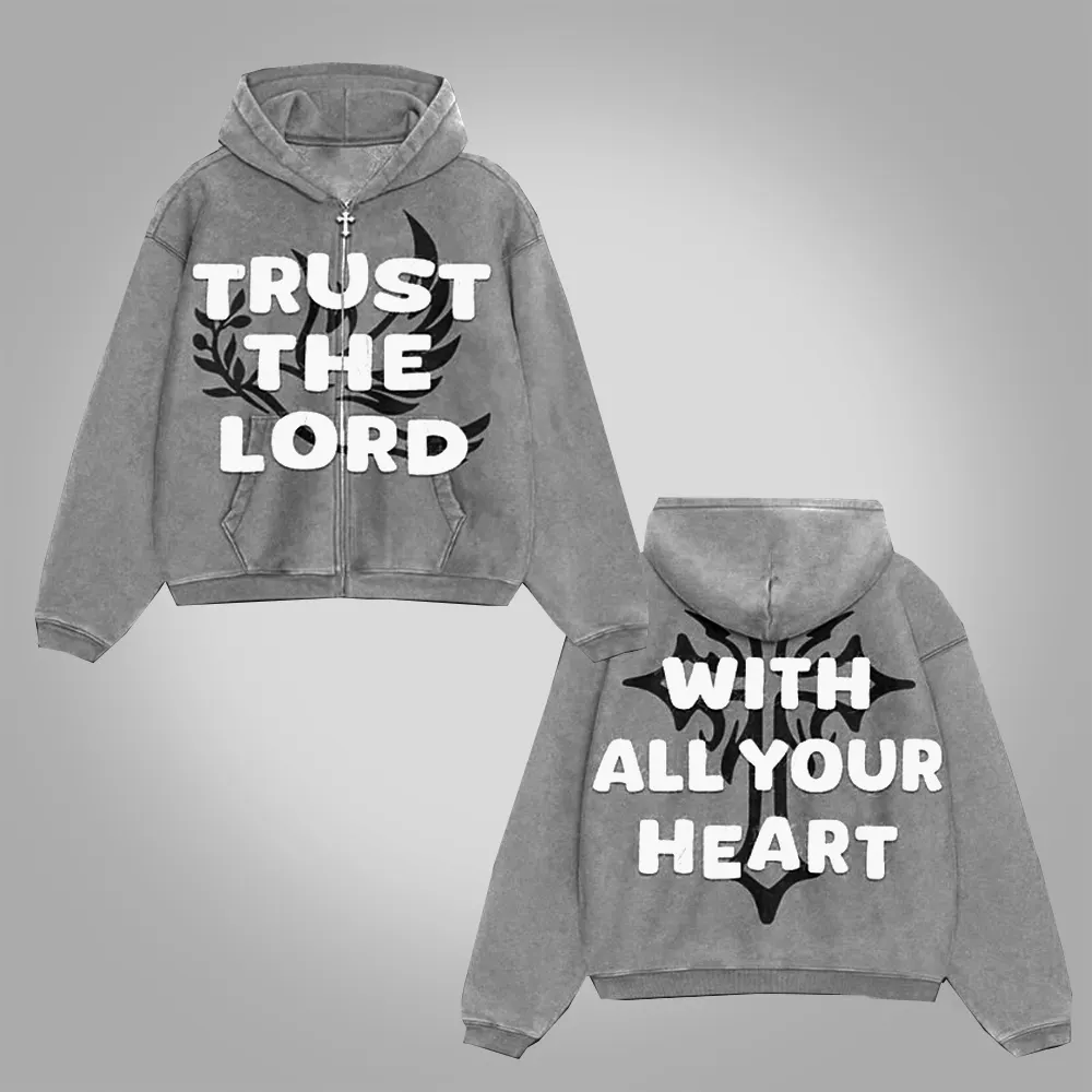 Sopula Trust The Lord With All Your Heart Distressed Washed Cotton Zip-up Hoodie - Image 1