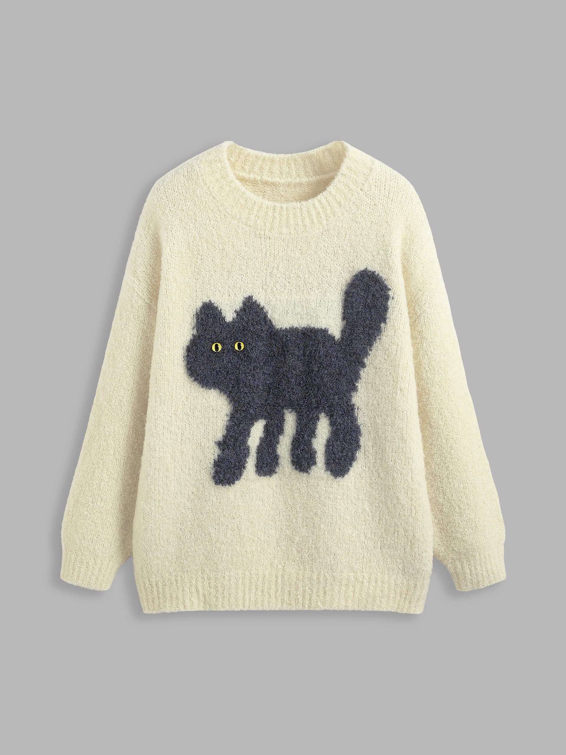 Fall Sweater Knit Fabric Wool-blend Round Neckline Cat Knitted Long Sleeve Sweater For School Daily Casual - Image 1