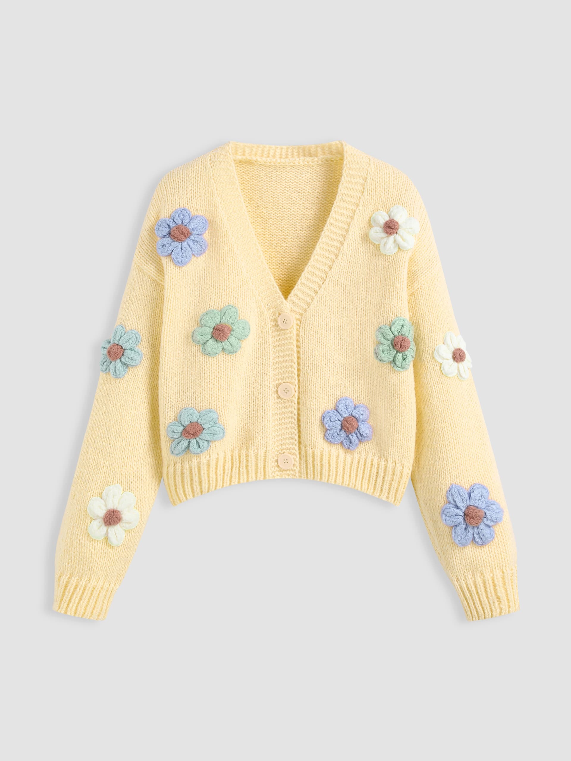 V-Ausschnitt Knopf Blumen Strickjacke - Image 1