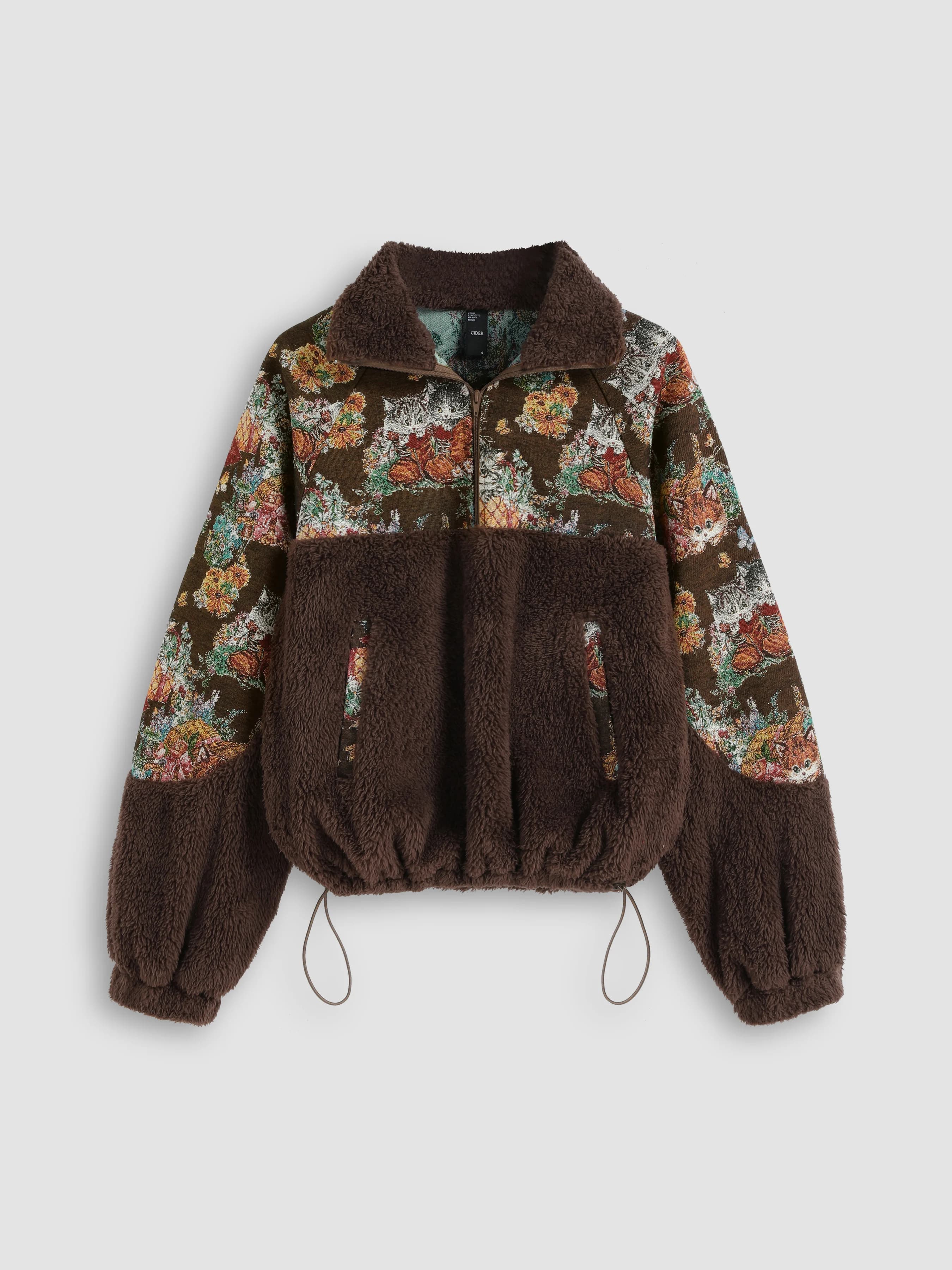 Fleece Collar Floral Cat Knotted Sweatshirt - Image 1