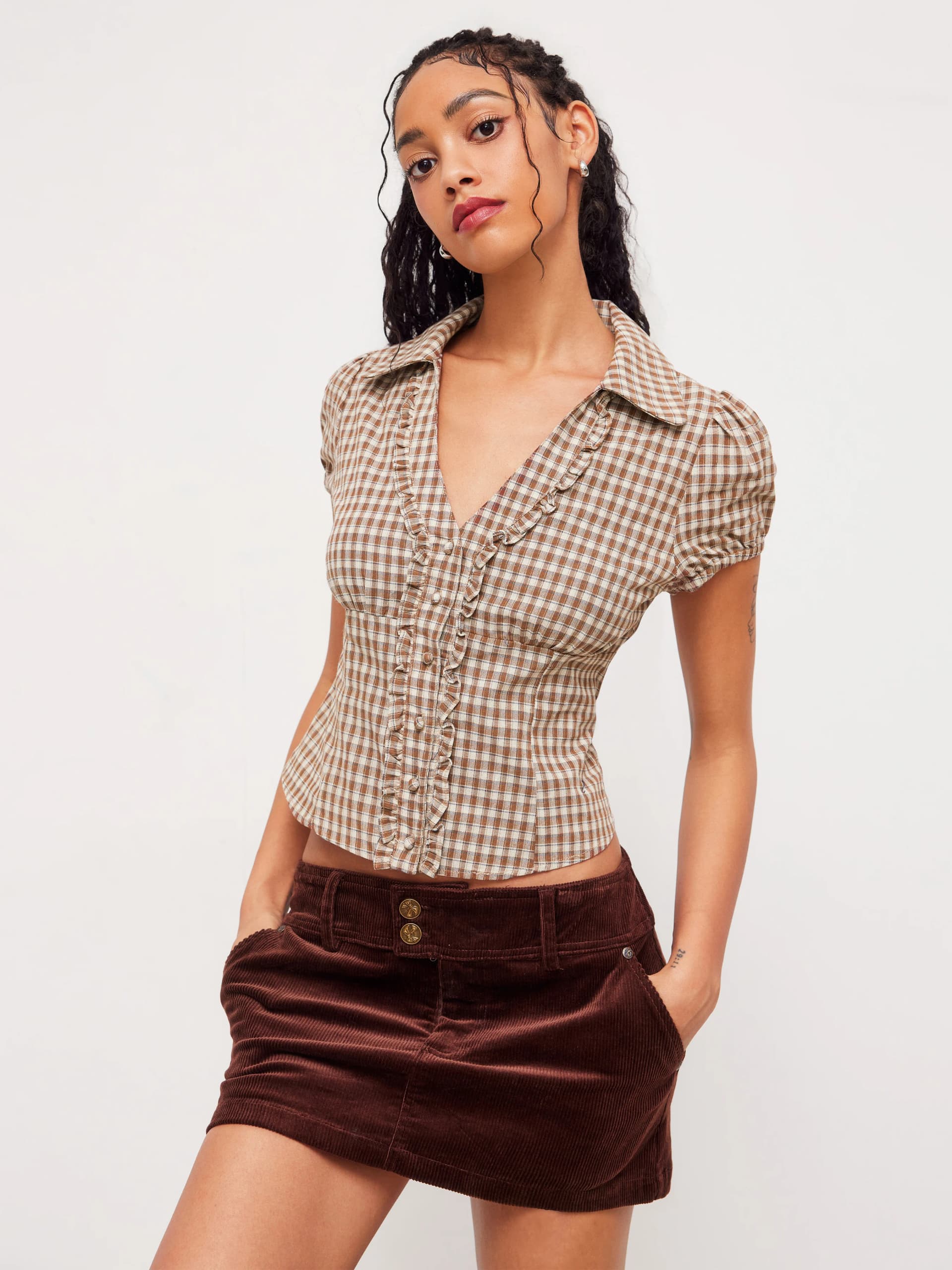 100% Cotton V-neck Check Button Short Sleeve Blouse - Image 1