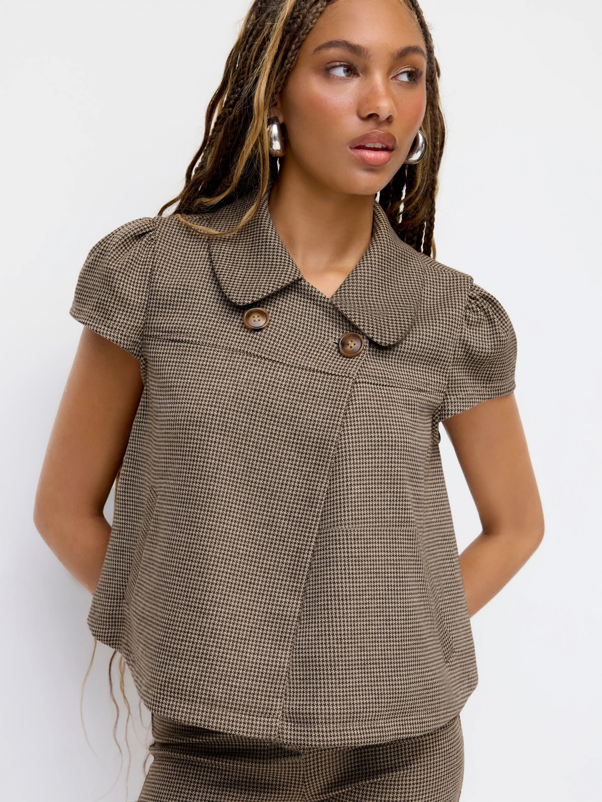 Peter Pan Collar Houndstooth Button Short Sleeve Blouse - Image 1