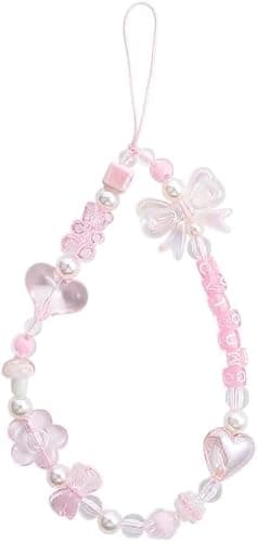 WsjiaboFux Pink Acrylic Beaded Mobile Phone Straps Anti-Lost Hand Strap Pendant Hanging Rope Phone Wrist Hand Lanyard Home Cell Phone Charms Button Stickers Decor Accessories - Image 1