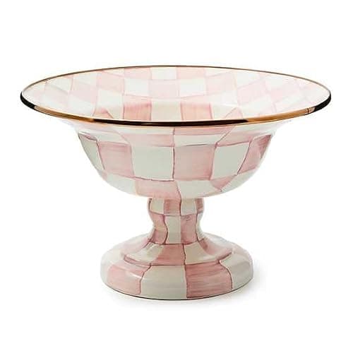 MACKENZIE-CHILDS Enamel Compote, Cute Enamel Pedestal Serving Dish or Decorative Bowl, Large, Pink-and-White Rosy Check - Image 1