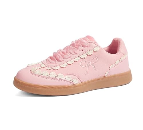 LUCKY STEP Women’s Lace Detail Casual Sneakers Organza Ribbon Lace-Up Fashion Vintage Gum Sole Trendy Cute Shoes(Pink,8) - Image 1