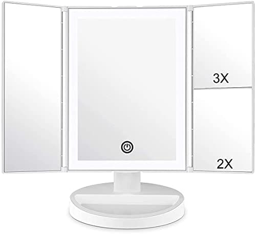 WEILY Makeup Vanity Mirror with LED Lighting and Touch Screen, Tri-Fold 1x 2X 3X Magnification,180° Adjustable Rotation,Battery and USB Powered,Countertop Cosmetic Mirror (White) - White - Image 1