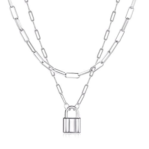 BOUTIQUELOVIN Layered Necklace for Women Silver Paperclip Link Chain Necklace with Lock Pendant Set of 2 Necklaces - Image 1