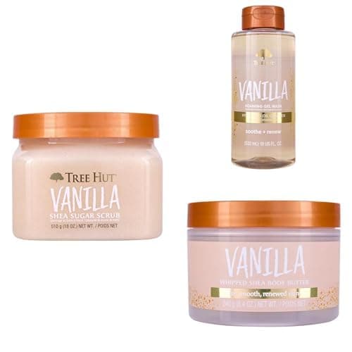 Tree Hut Vanilla Body Care Bundle, Shea Sugar Scrub, Foaming Gel Body Wash & Whipped Body Butter, Exfoliate, Cleanse and Moisturize Dry Skin with Sweet Vanilla Scent, Non-Greasy Hydration - Image 1