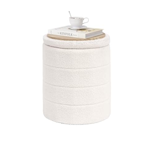 PINPLUS Round Storage Ottoman Foot Rest Stool with Tray Velvet Sherpa Folding Storage Ottoman,Boucle Foot Rest for Living Room, Bedroom, Dorm(White) - Image 1