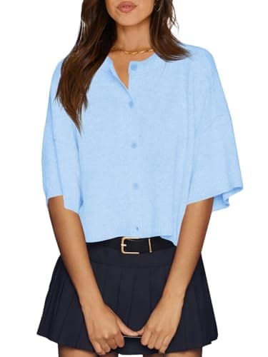Cicy Bell Womens Half Sleeve Cardigan Sweaters Cropped Button Down Tops Oversized Lightweight Ribbed Knit Summer Outfits Sky Blue - Image 1