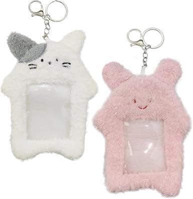 2Pcs Cute Plush Photocard Holder with Keychain, Cartoon Rabbit Cat Photo Sleeve Cartoon Plush Photo Sleeve Protective Case Photo Albums, Frames Accessories (Pink+White) - Image 1
