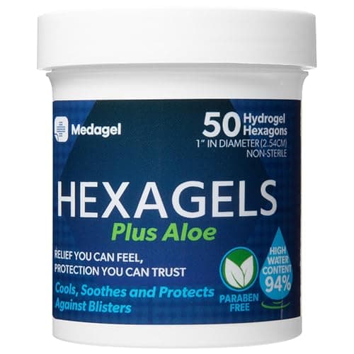 Hexagels Plus Aloe Vera - Advanced Healing Hydrogel Pads for Blister Prevention & Soothing Burn Care - Foot, Heel, Toe, & Ankle Protection, Pack of 50, 1-Inch Patches, by Medagel, Paraben Free Formula - Image 1