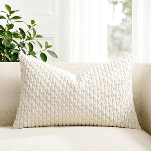 Kevin Textile 12x24 Inch Pillow Cover 1 Pack Boho Decorative Soft Striped Corduroy Lumbar Farmhouse Solid Color Accent Rectangle Cushion Case for Living Room Couch Sofa Bed, Cream White - Image 1