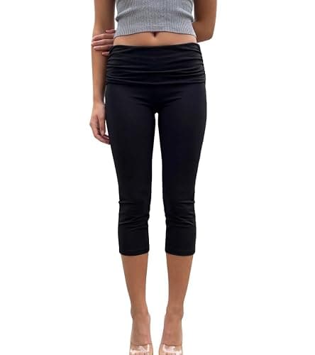 Lordree Women Fold Over Capri Leggings Low Rise Yoga Cropped Pants Knee Length Skinny Pants Going Out Bottoms - Image 1