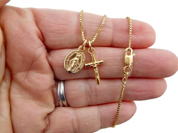 Our Lady MIraculous Medal Necklace, 16", 18", 20" or 22" Gold Plated Sterling Box Chain, Tiny Gold Tone Crucifix and Miraculous medal, First Communion, Confirmation Gift - Image 1