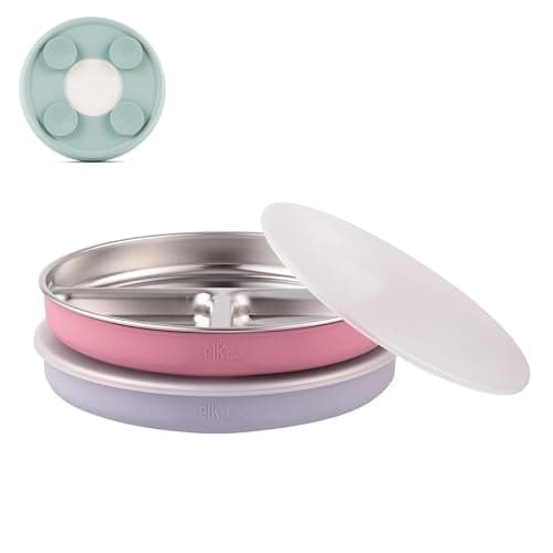 Elk and Friends Kids Stainless Steel Divided Plates with Silicone Suction Sleeves | Lids Included | Suitable for Babies/Toddlers | Dishwasher Safe | Stay Put Dinnerware | Snack Dishes | 2 Pack - Image 1