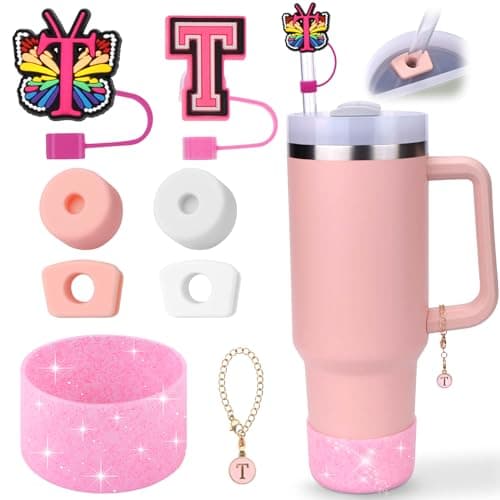 AIERSA Cup Accessories Set for Stanley 40oz Cups, 2Pcs Pink Straw Cover Caps for 10 mm Straws, 4Pcs Silicone Spill Stopper, 1pcs Letter Charms and 1Pcs Glitter Silicone Boot for Stanley 40oz Tumbler - Image 1